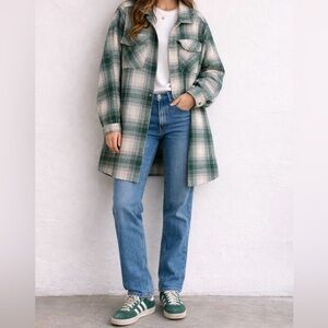 Grace + Karma Women’s Green Cream Plaid Flannel Long Shacket 1X